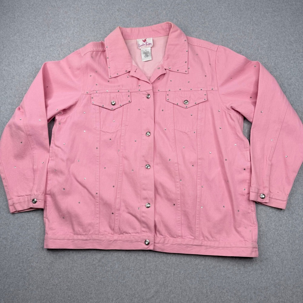 Quacker Factory Pink Rhinestone Denim Jacket Womens 1X Cotton Button Front